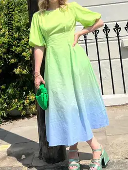 Женствена рокля Миди с градиентным принтом и завязками на талията, елегантен халат с кръгло деколте и къси пухкави ръкави 2023, Лятото-Секси елегантна рокля