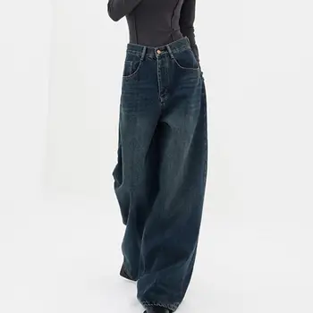 Дамски дънки в стил ретро с висока талия, прави, широки, Дълги панталони с джобове, дънкови панталони оверсайз тъмен цвят, градинска облекло