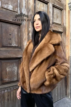 YZ FURTUR Дамско палто от естествена кожа на норка дължина 55 см С яка за костюми За момичета, зимна кратък тенденция връхни дрехи от естествена кожа, новост
