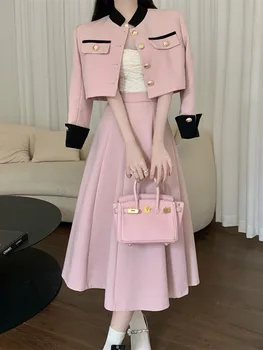 Висококачествен елегантен, мил женски комплект от две части, къса яке, палто + дълга пола, корейски модерен женски костюм във френски стил