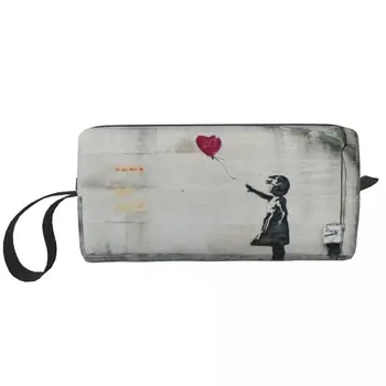 Изработена по поръчка чанта за тоалетни принадлежности Banksy Балон Момиче, женствена чанта за грим художник улични графити, козметичен органайзер за съхранение на козметика Lady Beauty.
