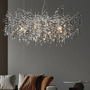 Дизайнерски кристален хромирани полилей Сребристо-златна окачен лампа Луксозна вила Хол с Трапезария и лампа клон на дървото, полилеи LED