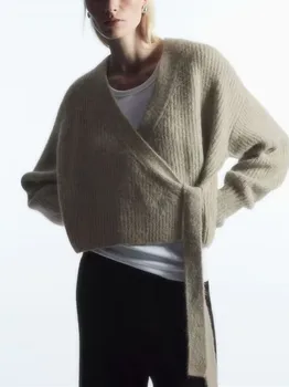 Увити вязаный жилетка, женски мързелив и свободен пуловер с V-образно деколте и дълъг ръкав, Всекидневни пролетен пуловер 2024 г. за жените