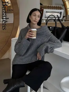 Bazaleas Online Трафика на Вязаный пуловер с открити рамене, Дамски пуловер с рюшами, Без Дебели плетива, официален магазин