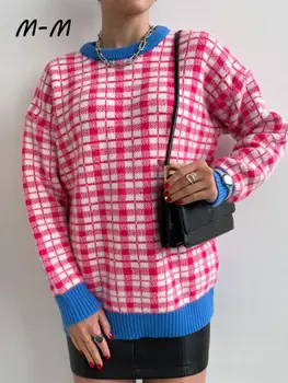 Кариран пуловер с кръгло деколте и дълъг ръкав в стил мозайка, женски модерен вязаный пуловер в рубчик, топ 2023, Модерен случайни сладки плетива