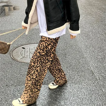 Широки панталони с леопардовым принтом, женски, Зима-пролет 2022, Нови Корейски свободни универсални панталони с висока талия и прави штанинами