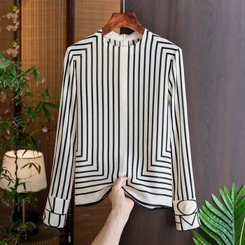 Лятна шифоновая риза, дамски топ с цип, ежедневни модерен класически райета облегающая блуза с кръгло деколте и дълъг ръкав