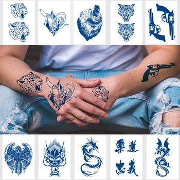 10 бр./лот татуировка с мастило сок, натурална четка ръкав, дълга временна татуировка, етикети, малък тигър, змия, дракон, дизайн на пистолет