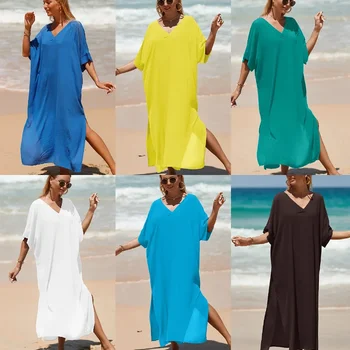 Однотонное женски лятото богемное плажна рокля-маскиране, Ежедневното слънцезащитно палто-бикини от памук крепа, бански костюми, Дълга рокля