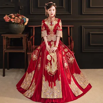 Китайска булка с бродерия на Червения Феникс Сватбен костюм Чонсам Луксозна класическа сватбена рокля Ципао