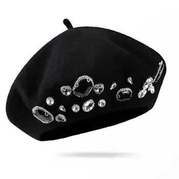 Френски взема с дебел декор от планински кристал Вълнена шапка на художник Без полета във френски стил Дамски шапки