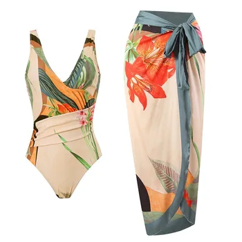 Френски стил, бански костюм от две части, луксозен плажен бански с микро бикини, Елегантен бански костюм с флорални принтом, Дамски плажни дрехи, Монокини 2023 година.
