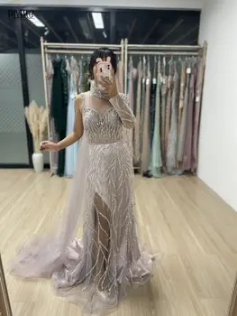 MYMB Елегантни Розови рокли за бала с ръкави-накидками и горната пола 2024, арабски луксозни вечерни бални рокли на Русалка с висока цепка, бродирани с мъниста