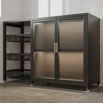 Кухненски шкафове в скандинавски стил, изчистен кухненски шкаф с като, рафтове за съхранение на зеленчуци, богат на функции многослоен шкаф за съхранение
