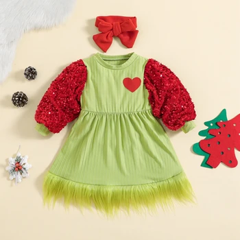 Пролетта и есента рокля за момиченца от 0 до 5 години, бебешка рокля трапецовидна форма, с пайети и дълъг ръкав, пушистое детско принцеса рокля, бебешки дрехи за Свети Валентин