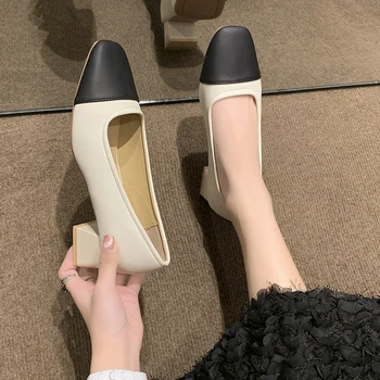 BCEBYL/ Модни дишащи ежедневни дамски обувки с квадратни пръсти на дебелите обувки, подходящи по цвят, Прости елегантни обувки на висок ток