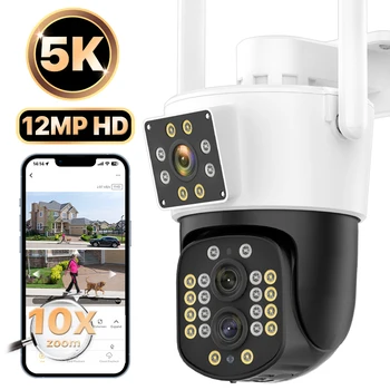 IP камера 5K HD с 10-кратно увеличение на хибридния, 12-мегапикселова трехобъективная PTZ камера, Wi-Fi, камера за външно видеонаблюдение, камера за видео наблюдение с автоматично проследяване