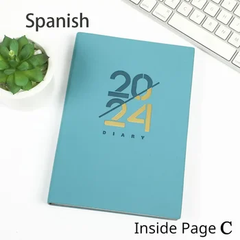 Канцелярский бележник, испанска дневния ред на ден и дневник в кожени корици, страница в Office 365 2024 Plan Soft