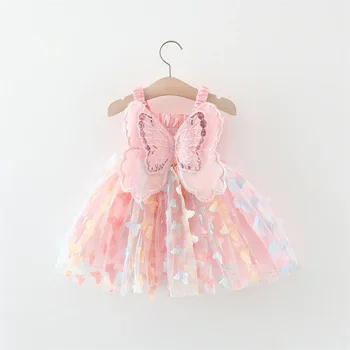 Лятна рокля на принцеса за момиченца на рожден ден с лък на гърба, крилата, страхотна лента, бродирана пеперуда, сетчатое рокля