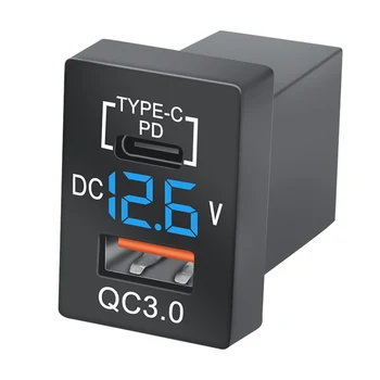 Ново зарядно устройство QC3.0 USB-конектор за зарядно устройство PD Type-C Зарядно устройство със сини led цифров вольтметром за нова Toyota Quick Charge