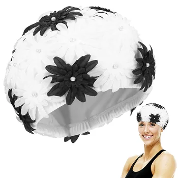 Дамски шапка за плуване с кухи перлата на цвете, шапка за плуване, зашити на ръка, за водни спортове