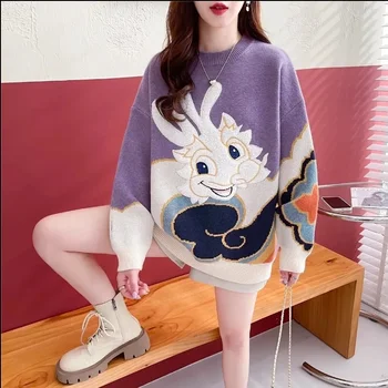 Рокля-пуловер за жени, бестселър, луксозни модни пуловери, с кръгло деколте и дълъг ръкав, мини-рокля с шарките на 