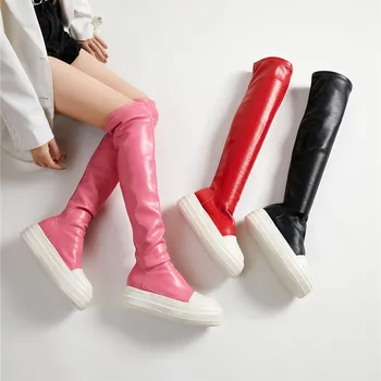 Дамски ботуши до коляното, новост 2024 г., модни гъвкави еластични обувки на дебела подметка, от изкуствена кожа в ярки цветове, градинска ежедневни обувки