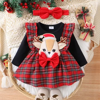 Коледна рокля FOCUSNORM 0-24 м за новородени момичета, 2 броя, клетчатое рокля с волани и дълъг ръкав, бродерия на елен, с превръзка на главата
