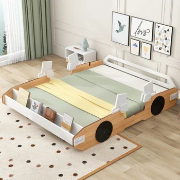 Пълен размер легло, Дървено Легло за Състезателен автомобил с Врата и Място за съхранение, Детско легло с Игрив дизайн, Мебели За спални, Пружинен Блок Не се Изисква