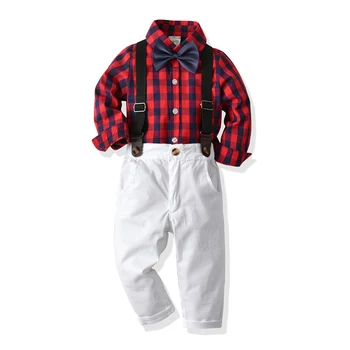Вечерни костюми за деца, дрехи за малките момчета, червени карирани гащеризон + лък + колан + бели панталони, детски костюм за момчета