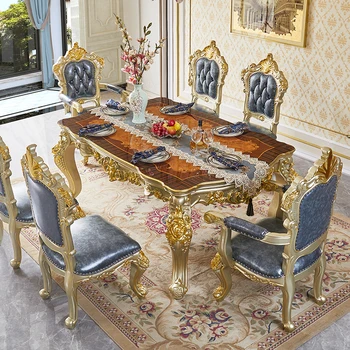 Мебели за трапезария Мрамор кръгла маса за хранене Европейски стил, домашен дъб, лукс