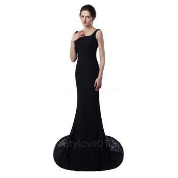 2024 Просто черно атласное вечерна рокля Русалка с дължина до пода, вечерна рокля с цип, без ръкави, вечерна рокля Robe Soiree Femmes
