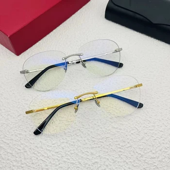 2024 Очила без рамки, от чист титан Carti Мъжки и дамски слънчеви очила-жаба рамки за очила от късогледство кръгли рамки рамки за очила CT0254O