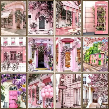 Направи си сам 5D Диамантена живопис Розовата къща Пейзаж кръст бод Подарък ръчна изработка Диамантена бродерия Мозайка Фигура от страз Начало декор