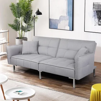 Разтегателен диван-futon с регулируема облегалка, обтянутый плат, сив