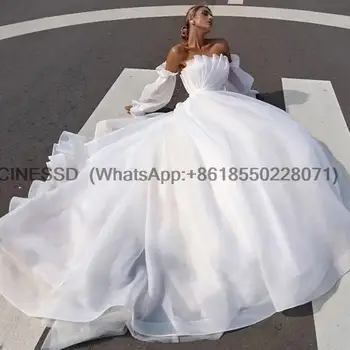 2023 Сватбени рокли в стил бохо, секси плажна рокля на булката с пищни ръкави и отворена на гърба, сватбени рокли принцеса от органза, големи размери