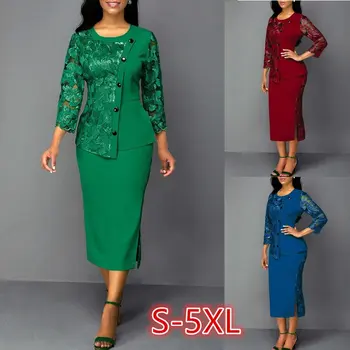Плюс размер S-5XL, дамско дантелено рокля в стил мозайка с дълъг ръкав, пролетта и есента модно ежедневна елегантна рокля