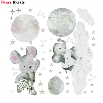 Три Ratels K736, Сладки Летящи зайчета, стикери за стена, балони, Луна, Звезда, Облак, Свалящ стикер за декор на детска стая.