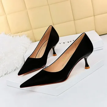 ОБУВКИ BIGTREE Европейската и американската мода минималистичные тънки токчета, остри пръсти с плитка врата, универсални дамски обувки на висок ток