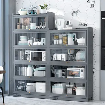 Модерни бамбукови кухненски шкафове за кухненски мебели Шкаф за съхранение на съдове е Проста и многопластова домакински полк с панти като