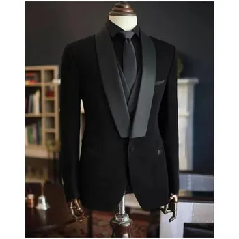 Елегантни черни мъжки костюми с шал и ревери от 3 теми, Однобортный яке, Панталон, жилетка, приталенное вечер Бизнес сватбена рокля