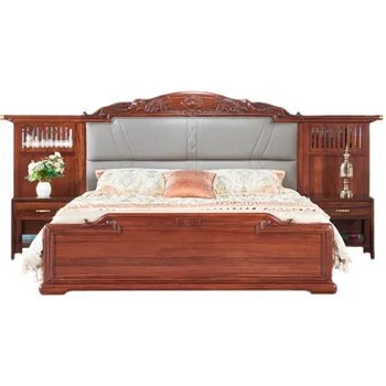 Ugyen Wood Нова вила в китайски стил, Основна спалня, кожена спалня, качествена и луксозна легло-слон от масивно дърво