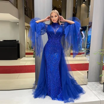 Луксозни вечерни рокли на Русалка, със сини кружевными пайети и прикрепляемой горната пола С висока воротом, бродирани с пайети, Дамски официални рокли за бала в Дубай