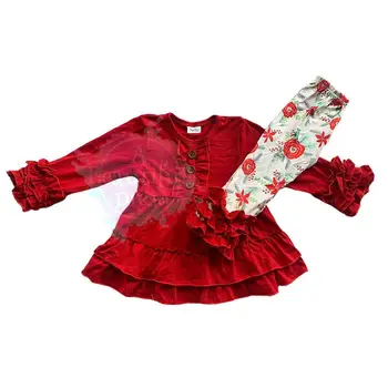 Есента предмет, нов дизайн, дрехи за малките момичета, червен костюм с флорални принтом, червена туника и панталони с рюшами костюм