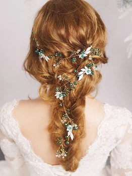 Бохемската зелен кристален сватбена превръзка на главата с цветя, Ръчно изработени Сватбени аксесоари за коса, украса за коса за момичета на бала, лоза за коса