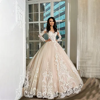 Елегантна сватбена рокля с царски влак с аппликацией, илюзорно елече и дълги буйни ръкав, женски сватбена рокля в стил принцеса за булка