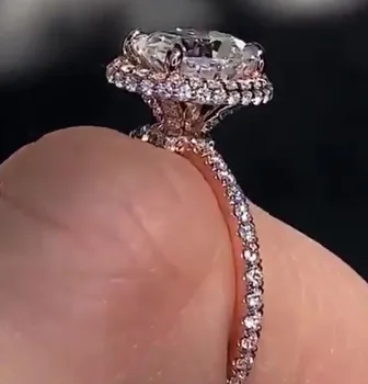 Женски пръстен от цели 14-каратово розово злато с овални диаманти Муассанит 1, 2, 3, 4, 5 карата, Годежен пръстен на годишнина от сватбата, Лукс