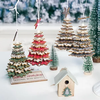 3D Коледна украса Дървени мъниста във формата на снежинки и звездички, дървени трески, Коледна Елха, Висящи Украшения, Коледна парти, Начало декор