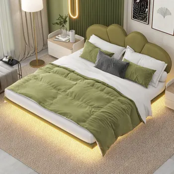 Легло-платформа с мека тапицерия размер Queen Size с таблата от изкуствена кожа и звена крака, led светлини за под леглото, зелена