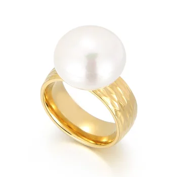 Модерен бял пръстен с имитация на перли за жени, годежни пръстени от неръждаема стомана златист цвят, пръстени за пръстите на дамски бижута
